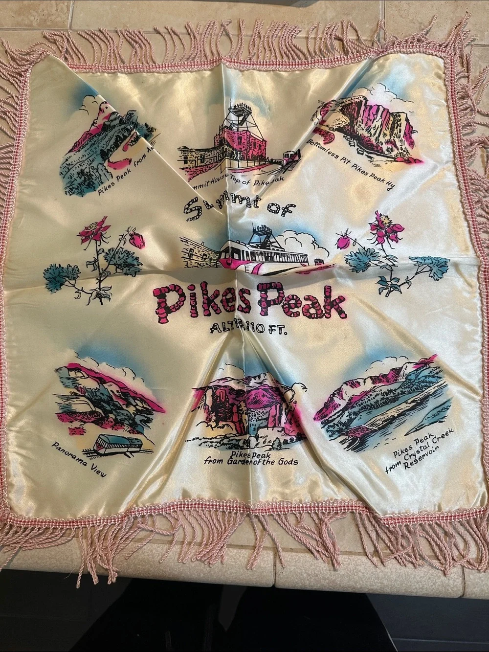 Vintage Scenic Souvenir Silk Scarves - Pink, Cream & Black Prints.